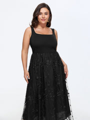 Floral Embroidered Mesh Square Neck Cami Midi Dress