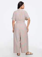 Stripe Print Half Button Cinched Waist Wide Leg Jumpsuit