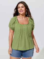 Cotton Floral Embroidery Eyelet Lace Trim Blouse