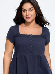 Cotton Square Neck Lace Trim Babydoll T-Shirt