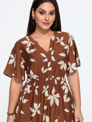 Floral Print Shirred Waist Tiered Midi Dress