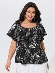 Palm Leaf Print Drawstring Neck Blouse