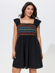 Cotton Boho Embroidery Ruffle Strap Mini Dress