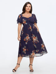Floral Print Sweetheart Neck Back Tie Midi Dress