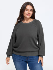 Waffle Knit Raglan Lantern Sleeve Crew Neck Sweatshirt