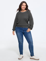 Waffle Knit Raglan Lantern Sleeve Crew Neck Sweatshirt