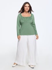 Cotton Floral Lace Square Neck Button Front T-Shirt