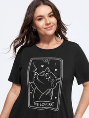 Crew Neck Cat Print Curved Hem T-Shirt