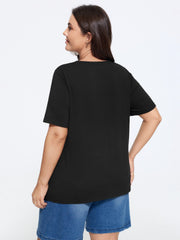 Crew Neck Cat Print Curved Hem T-Shirt