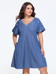 Supersoft Floral Embroidery V Neck Faux Denim Mini Dress