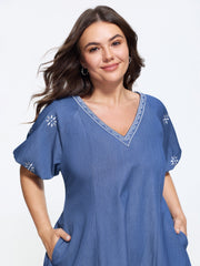 Supersoft Floral Embroidery V Neck Faux Denim Mini Dress
