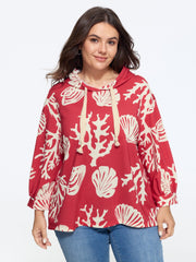 Coral Shell Print Drawstring Hooded Sweatshirt