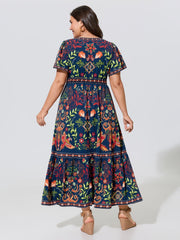 Boho Floral Print Notched Collar Tiered Midi Dress