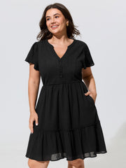 Cotton Stretchy Button Detail Tiered Mini Dress