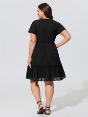 Cotton Stretchy Button Detail Tiered Mini Dress