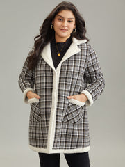 Plaid Fuzzy Trim Patchwork Lapel Collar Pocket Coat