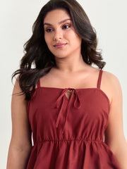 Cotton Linen Shirred Drawstring Neckline Tank Top