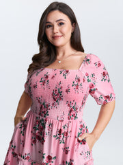 Rose Print Stretchy Waist Shirred Midi Dress