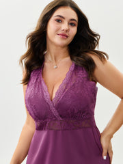 Satin Sheer Lace Surplice Neckline Nightgown