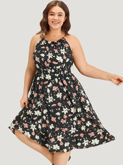 Floral Print Halter Shirred Pocket Ruffle Hem Dress