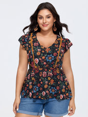 Vibrant Floral Print V-Neck Blouse