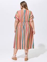Colorful Striped Print V-Neck Midi Dress