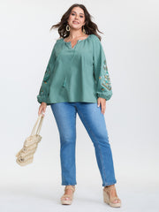 Cotton Floral Embroidered Sleeve Neckline Tie Blouse