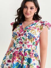 Bright Floral Print Waist-Defining Romper
