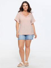 Cotton Lace Neckline Casual Plain T-Shirt