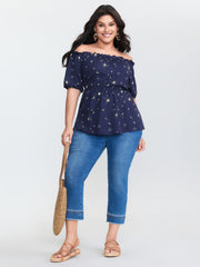 Starry Print Shirred Off-Shoulder Blouse