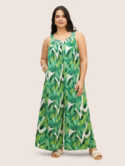Tropical Print Shirred Side Seam Pocket Jumpsuit