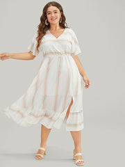 Striped Contrast Flutter Hem Dolman Sleeve Pocket Split Wrap Dress