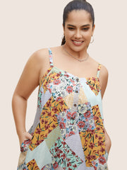 Floral Colorblock Contrast Button Detail Cami Dress