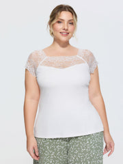 Sheer Lace Neckline Plain Knit Top
