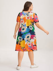 Large Floral Print Neck Tie Mini Dress