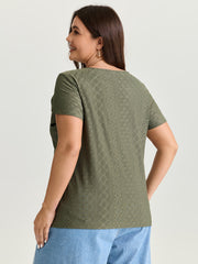 Eyelet Trim Split Neckline Knit Top