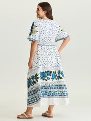 Parrot Print Lace Trim Surplice Neckline Maxi Dress