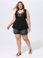 Cotton Floral Embroidered Neckline Shoulder-Tie Tank Top
