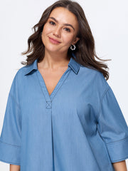 Pleated Relaxed-Fit Plain Faux Denim Blouse