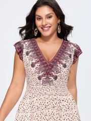 Floral Print Color Contrast V-Neck Midi Dress