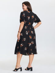 Retro Floral Print Cinched-Waist Midi Dress