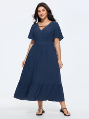 Shirred Waist V-Neck Plain Maxi Dress
