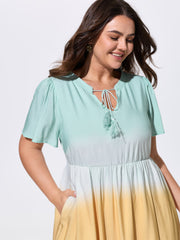 Color Contrast Tiered Drawstring Neckline Midi Dress