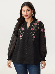 Rose Embroidered Textured Sheer Blouse