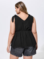 Cotton Floral Embroidered Neckline Shoulder-Tie Tank Top