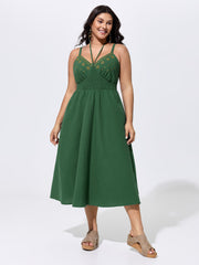 Cotton Embroidered V-Neckline Midi Dress