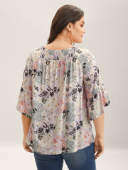Floral Shirred Neck Flowy Blouse