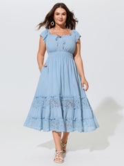 Lace Trim Ruffle Tie Front Midi Dress