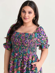 Playful Floral Print Shirred Midi Dress