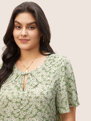Ditsy Floral Ruffle Sleeve Gathered Ties Blouse